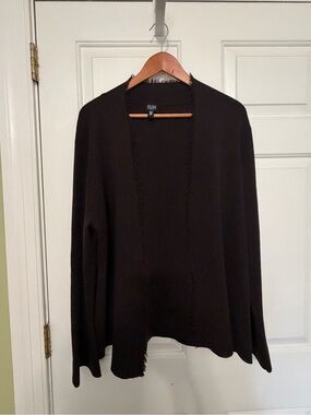 Eileen Fisher Women’s 1X Brown Wool Knit Open Front Fringe Cardigan Sweater